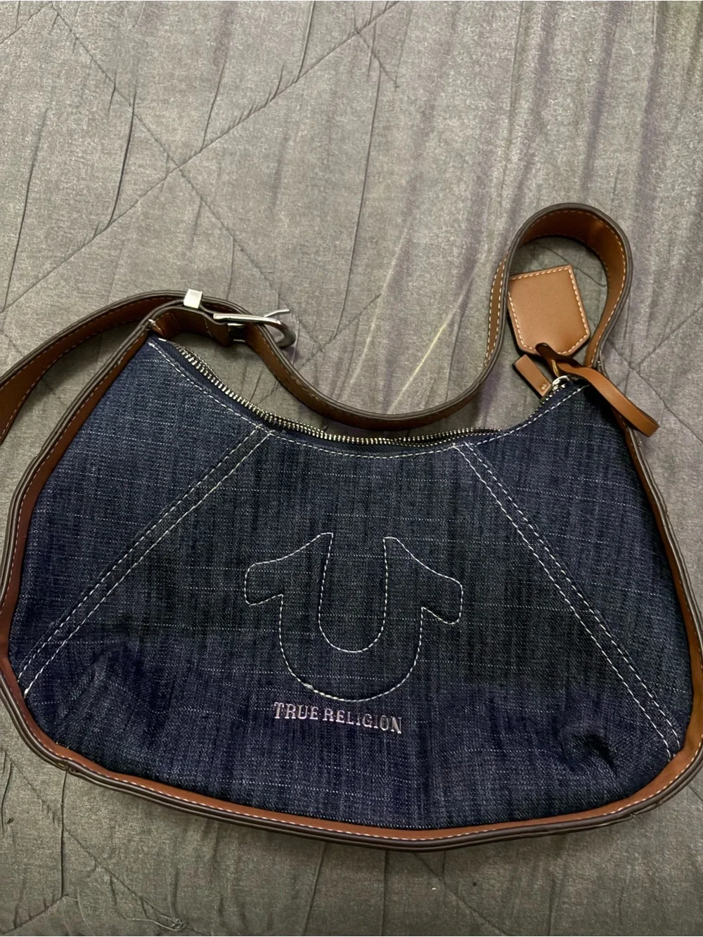 True Religion Navy Denim and Brown Leather Crescent Shoulder Bag
